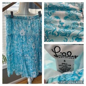 Vintage Lilly Pulitzer Tiered Shopper Skirt in Golden Lion Blue White Floral 4